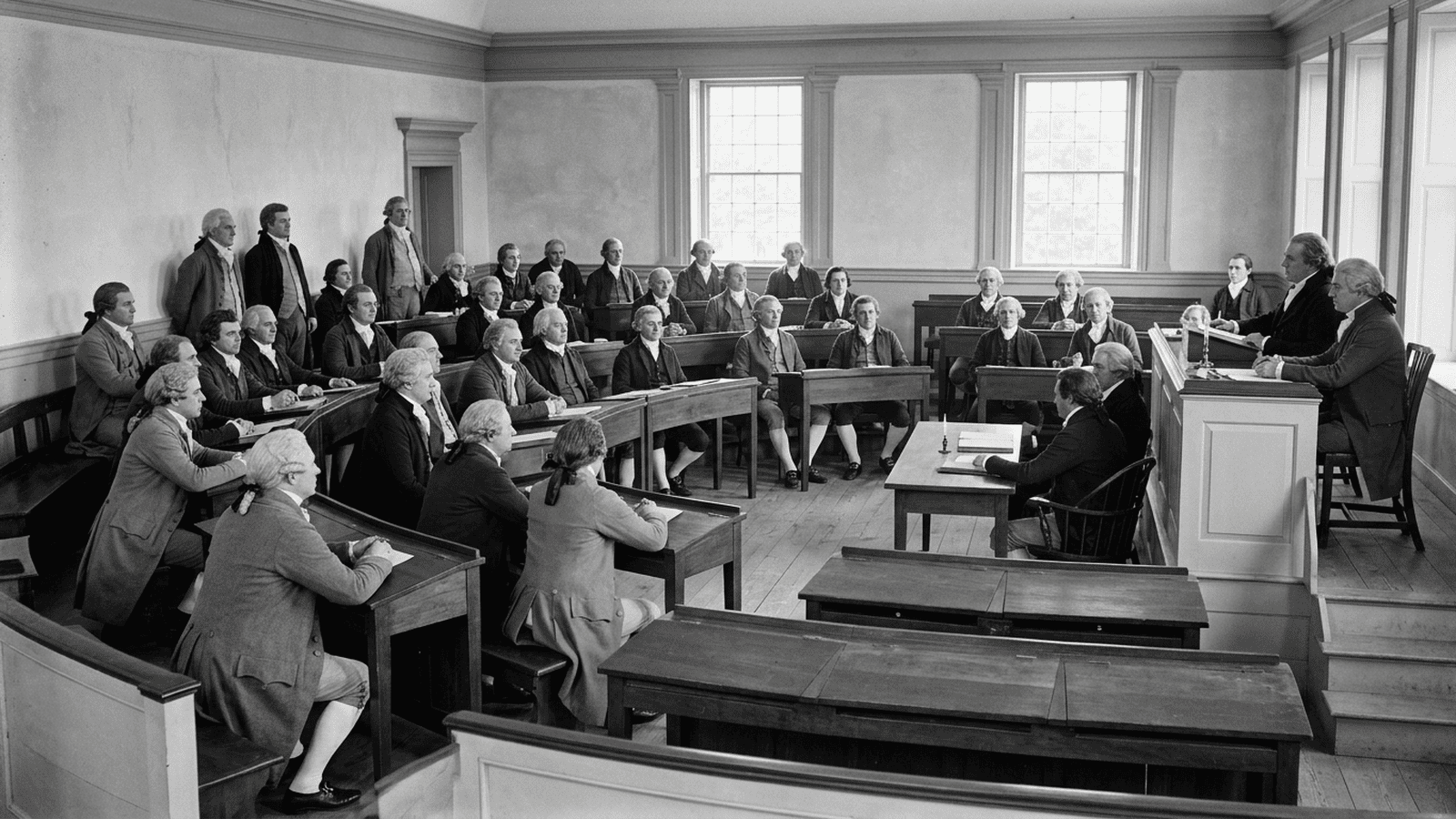 Reconstruction of early 19th-century representatives gathered in the House chamber during the 1801 Speaker transition.