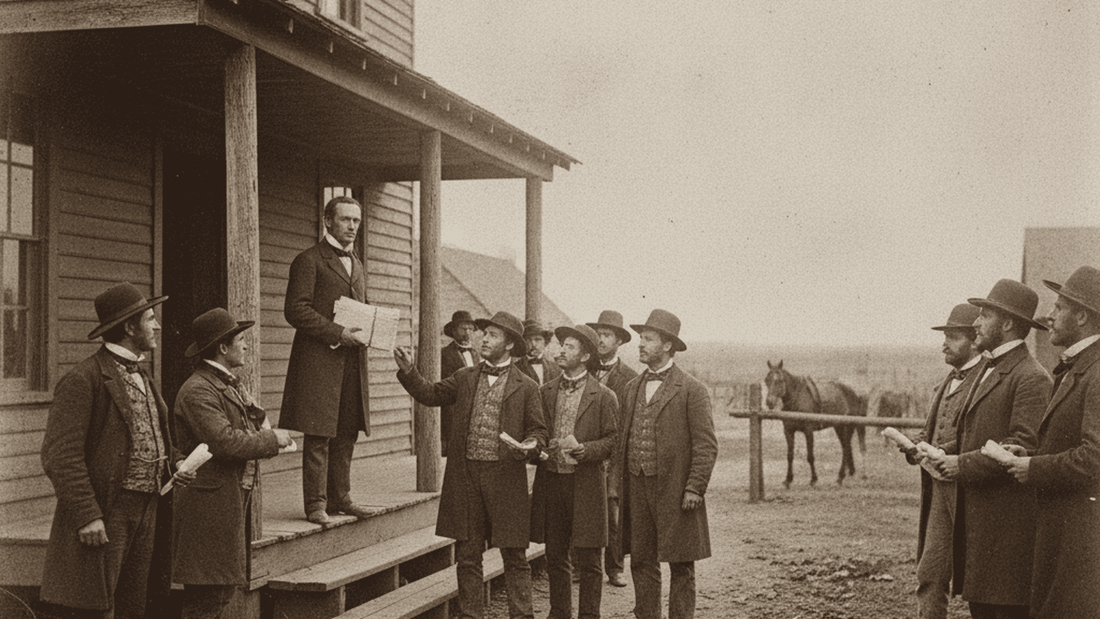 A group of men in 1850s frontier clothing gather outside a wooden territorial building in Kansas as a government official reviews election documents.