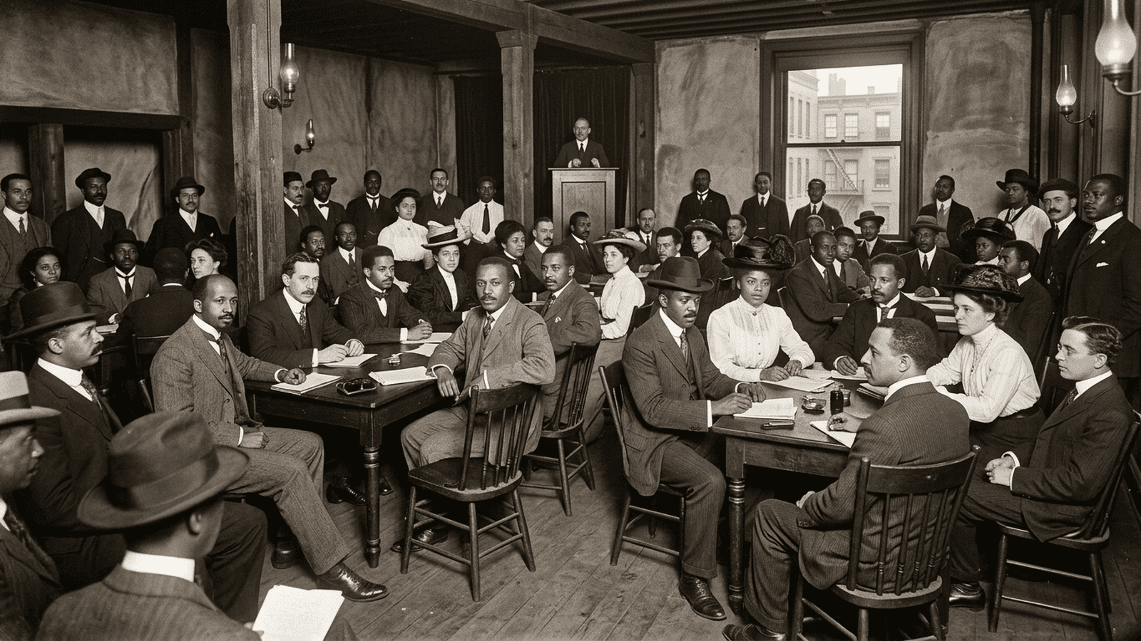 Black and white reformers in period clothing gather in a New York meeting room in 1909.
