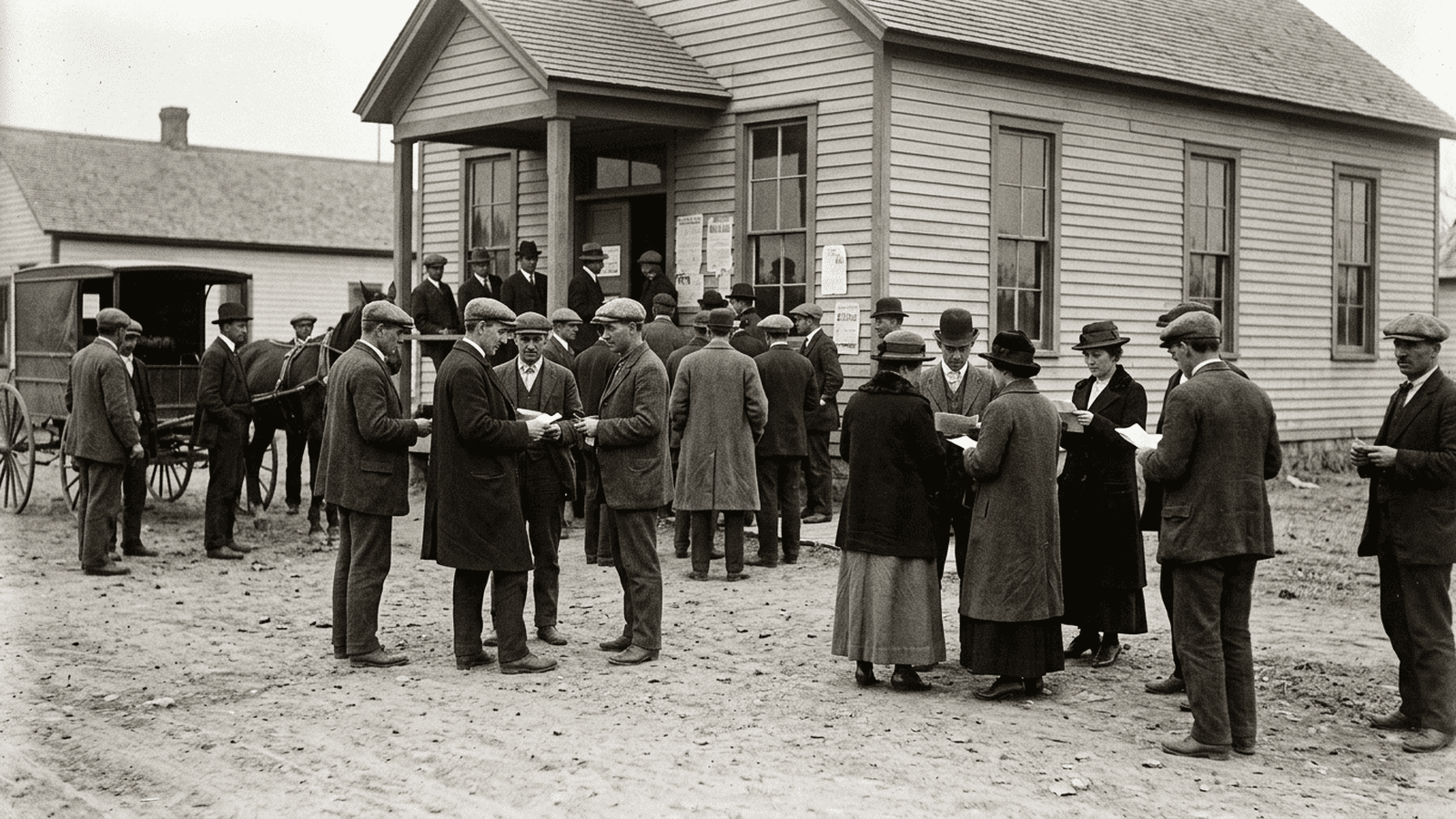 history-nebraska-initiative-amendment-crisis-1912-fa9a46cf Nebraska voters in 1912 gather outside a period polling place in early twentieth-century clothing.