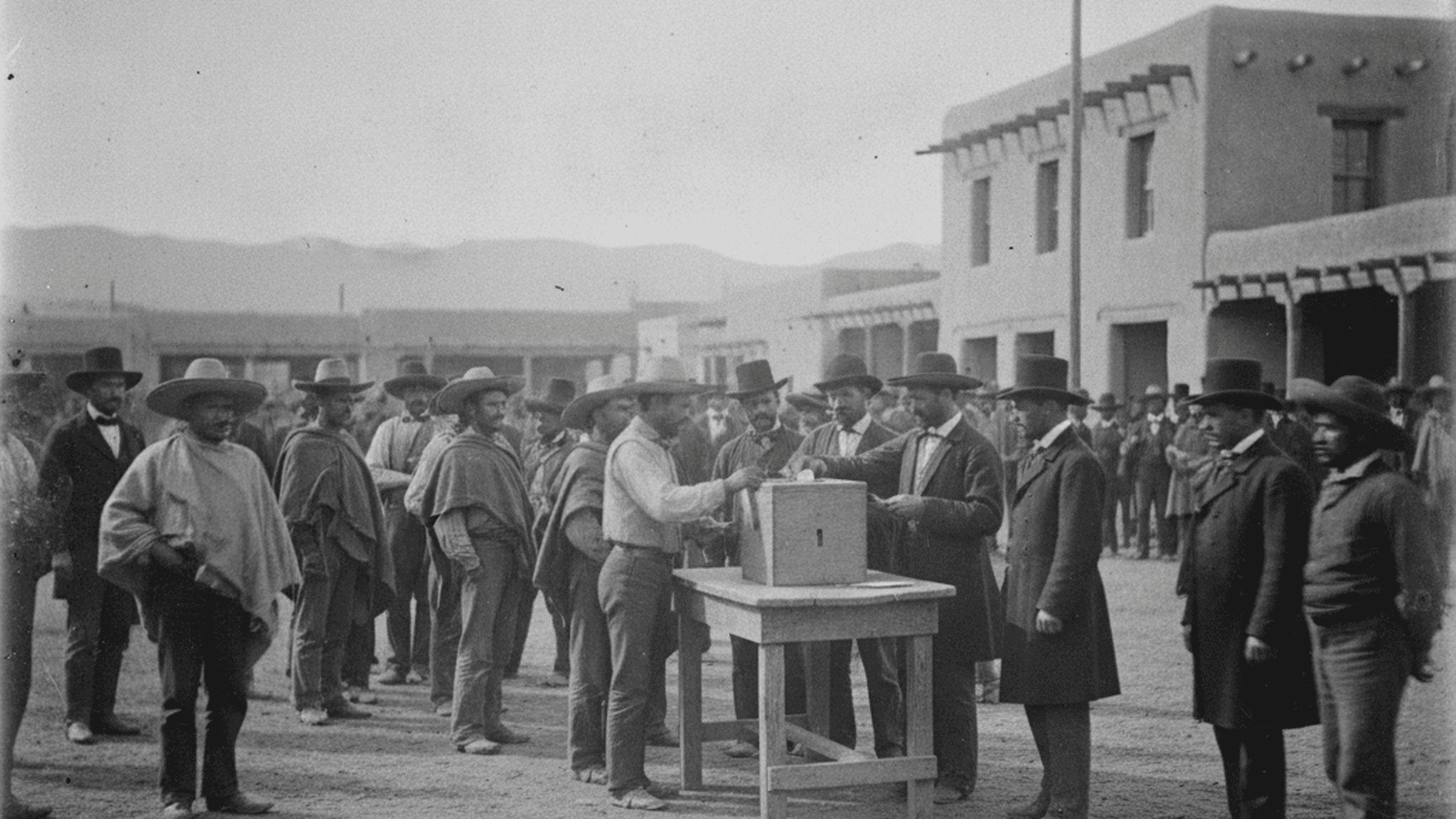 A monochrome 1850s scene of men in period clothing gathering around a ballot box in a dusty New Mexico plaza.