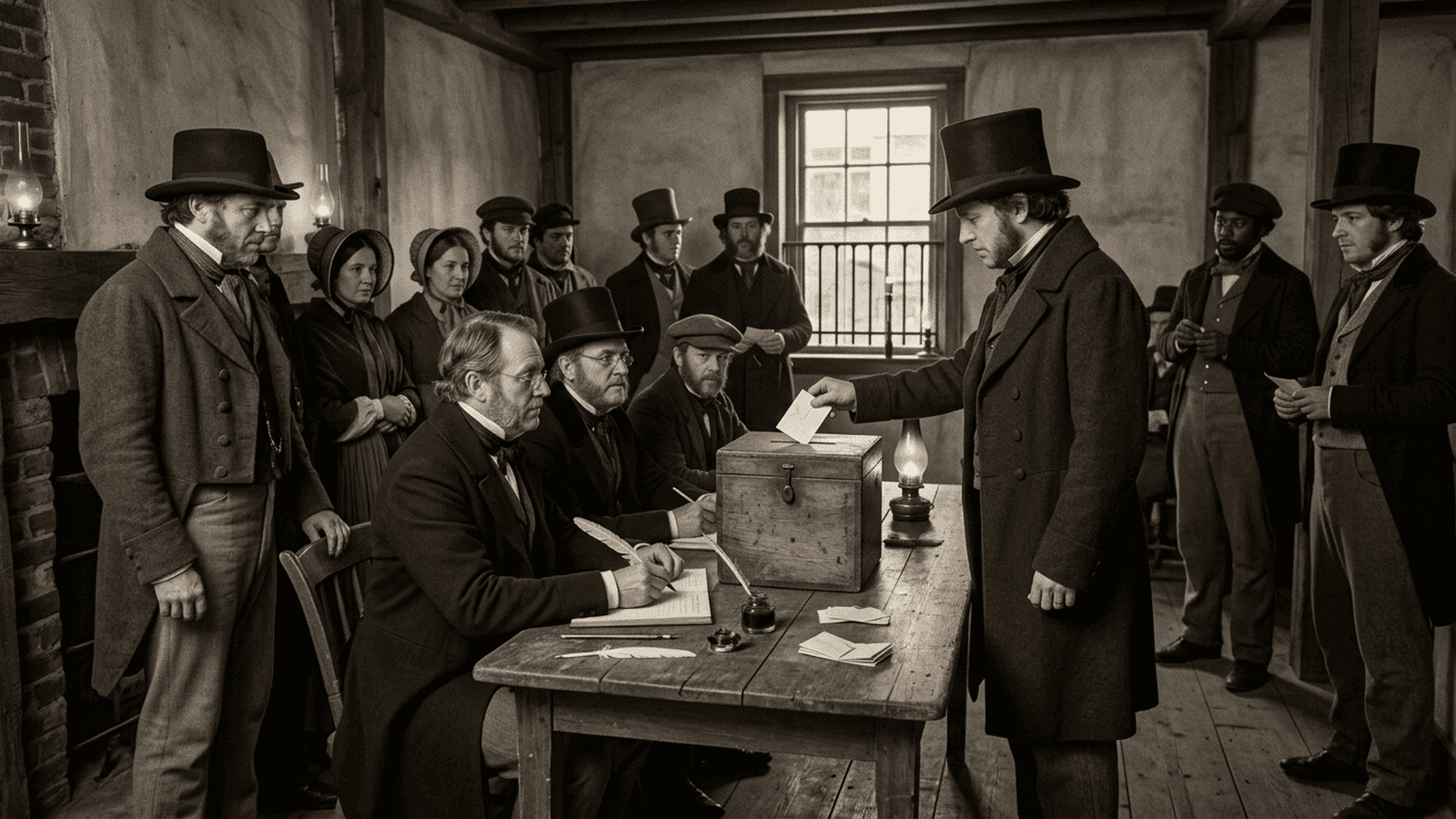 Men in 1842 clothing submit paper ballots to election inspectors at a wooden polling place.