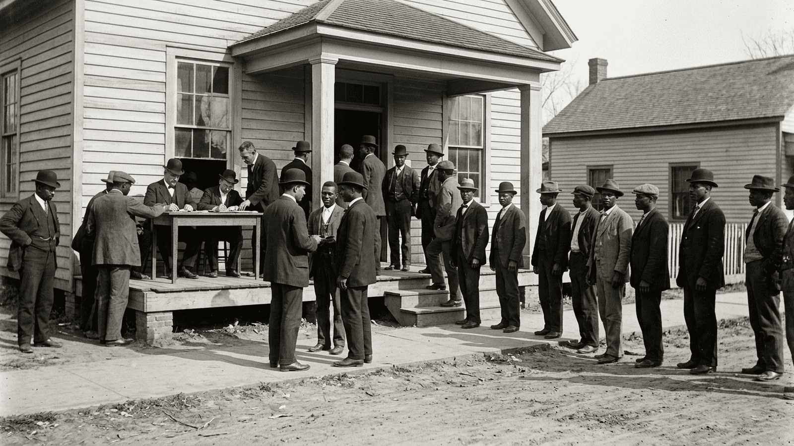 Men in period clothing gather outside a North Carolina polling place around 1900.