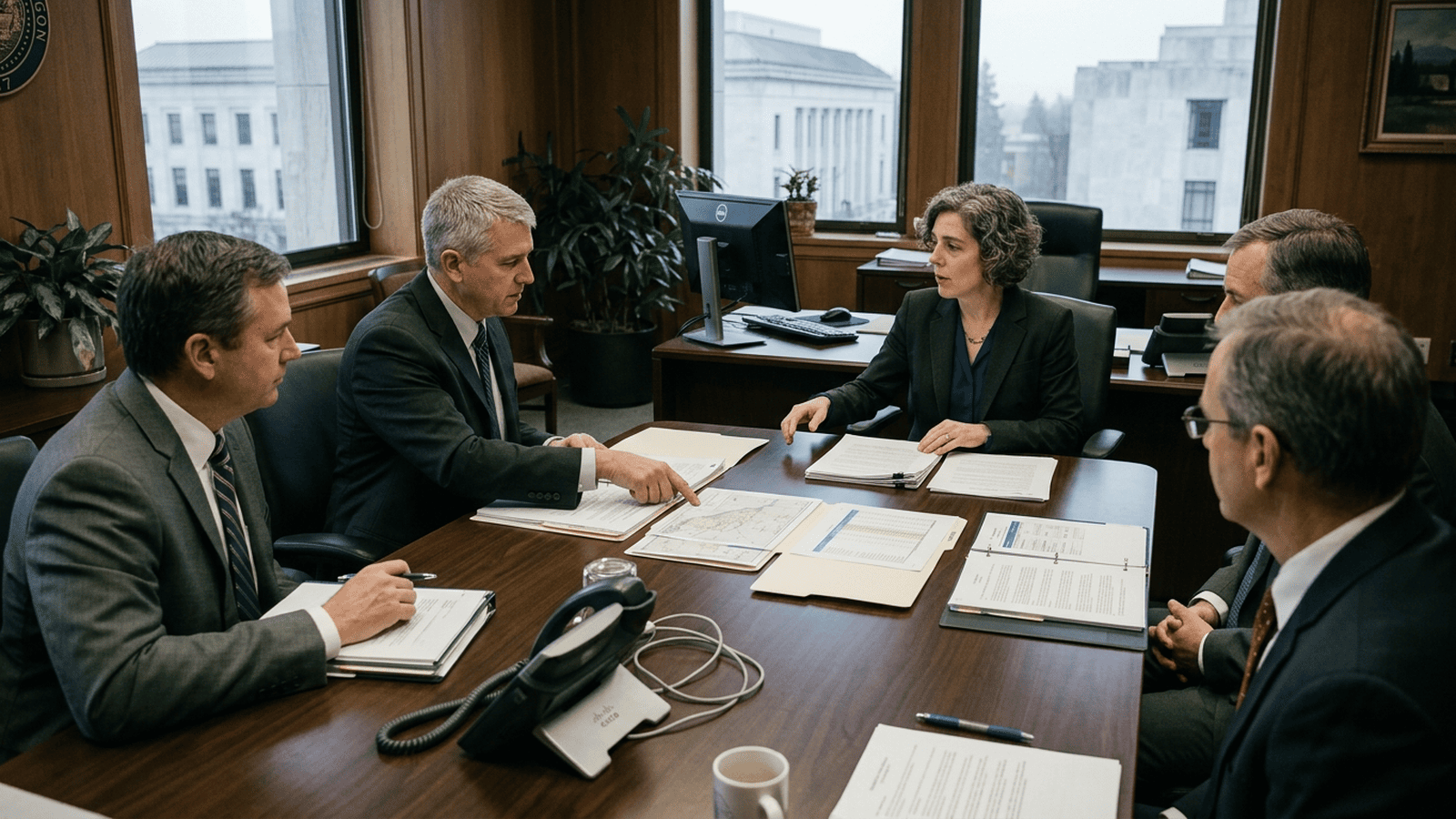 Oregon state officials meet in a 2017 government office to discuss the governor’s immigration enforcement directive.