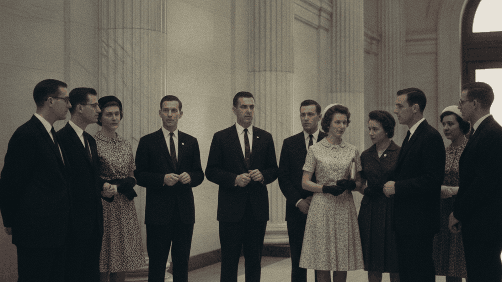 A group of civil rights activists in 1960s attire gathered inside the ornate marble halls of the Rhode Island State House.