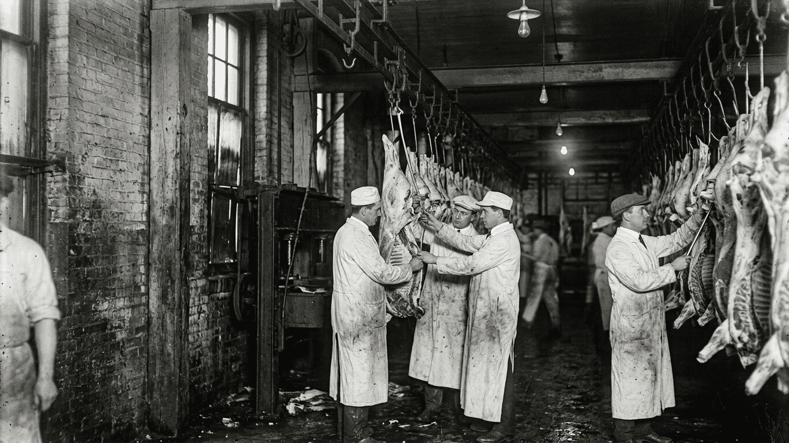 Federal inspectors examine meat in a Chicago packinghouse in the early twentieth century.