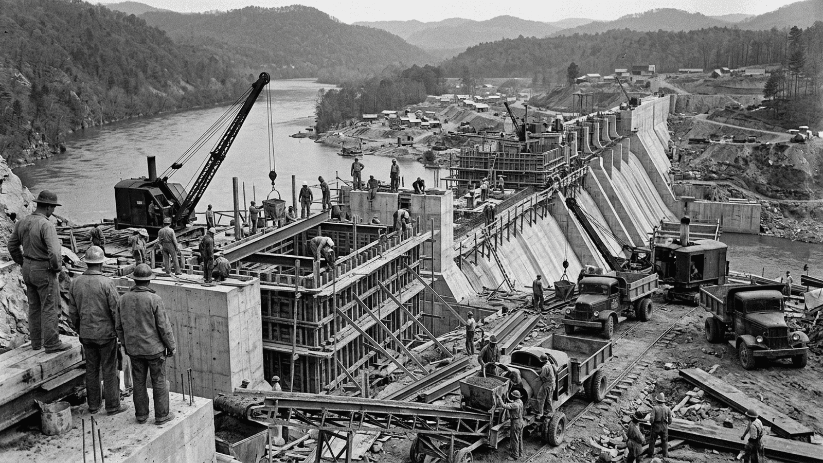 Workers and early construction machinery at a Tennessee Valley dam site in the 1930s.