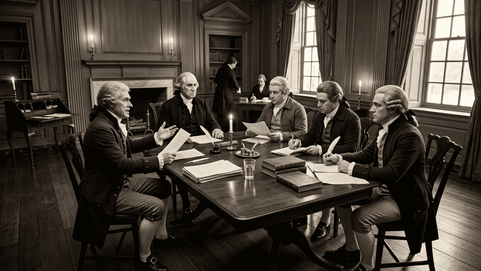history-washington-neutrality-proclamation-1793-977a31cf Cabinet officials in 1790s clothing deliberate around a wooden table in a Philadelphia room.