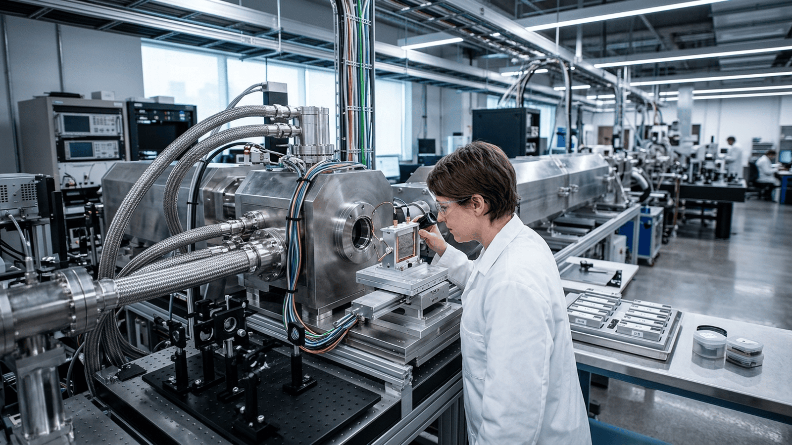 science-argonne-lithium-rich-cathode-oxygen-redox-20a40382 A researcher examines a battery material sample beside an X-ray instrument in a laboratory.