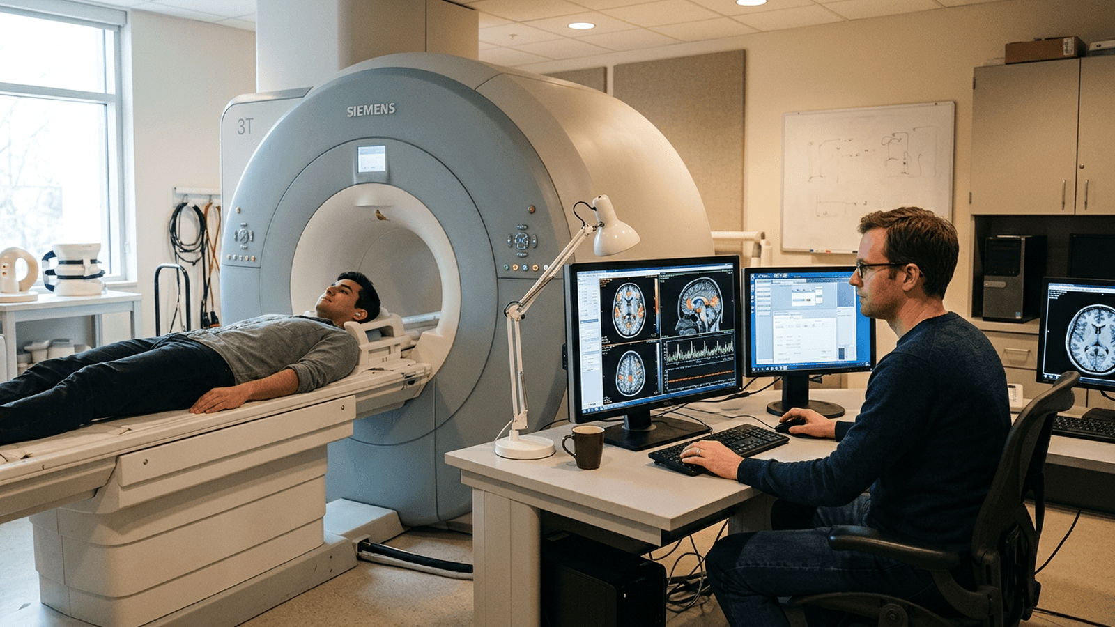 A volunteer undergoes brain imaging in a university neuroscience laboratory.