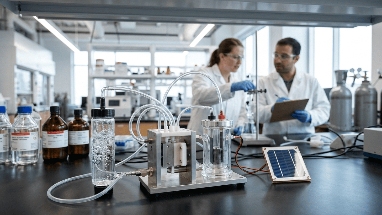 science-cambridge-solar-air-capture-syngas-670c9be0 A compact laboratory device uses a solar cell, tubing, and glass vessels to capture and convert carbon dioxide.