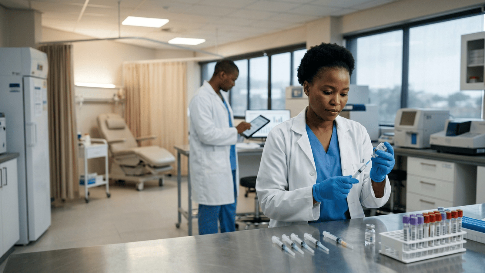 A clinical researcher prepares a medication vial and syringe in a modern laboratory.