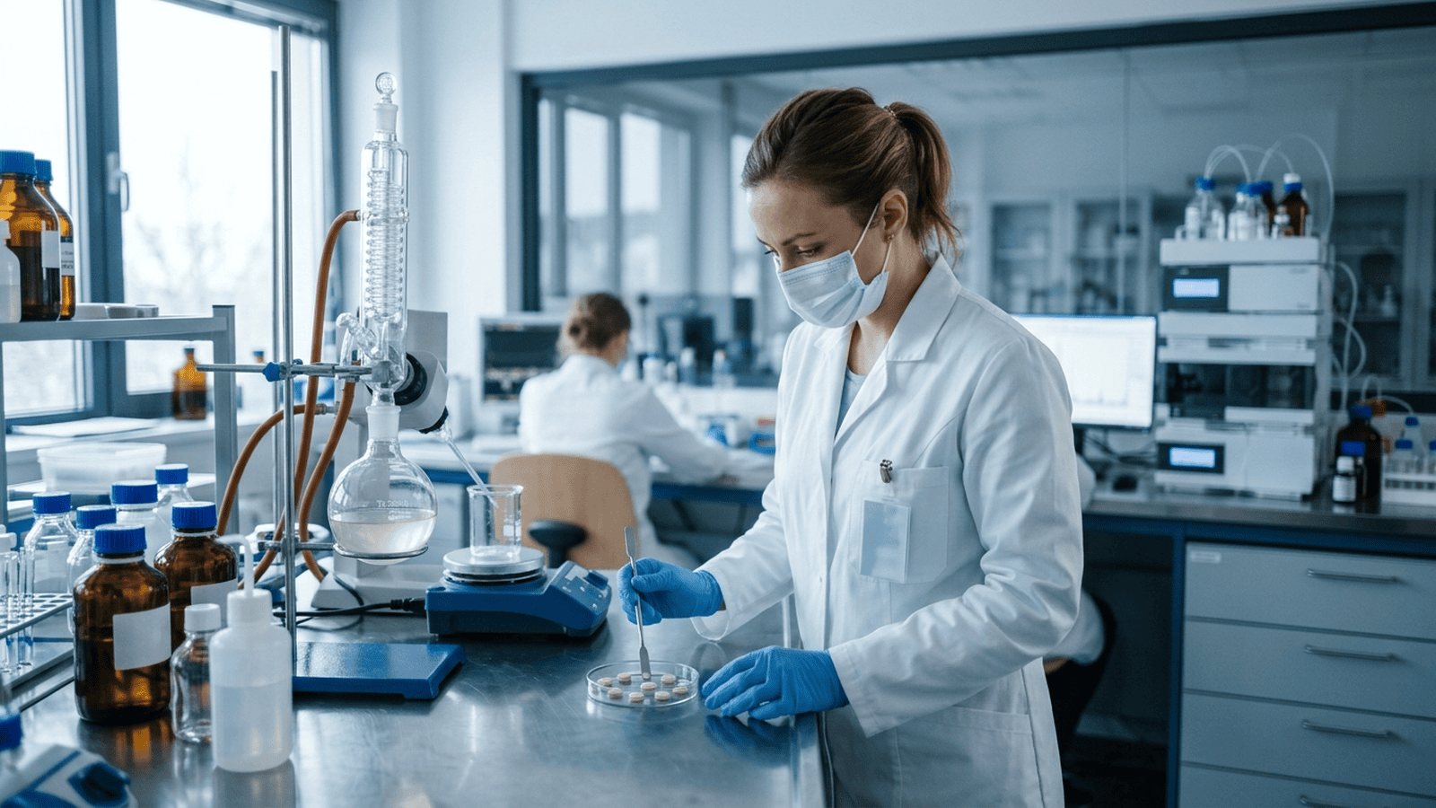 A researcher examines unmarked tablets in a modern pharmaceutical laboratory.