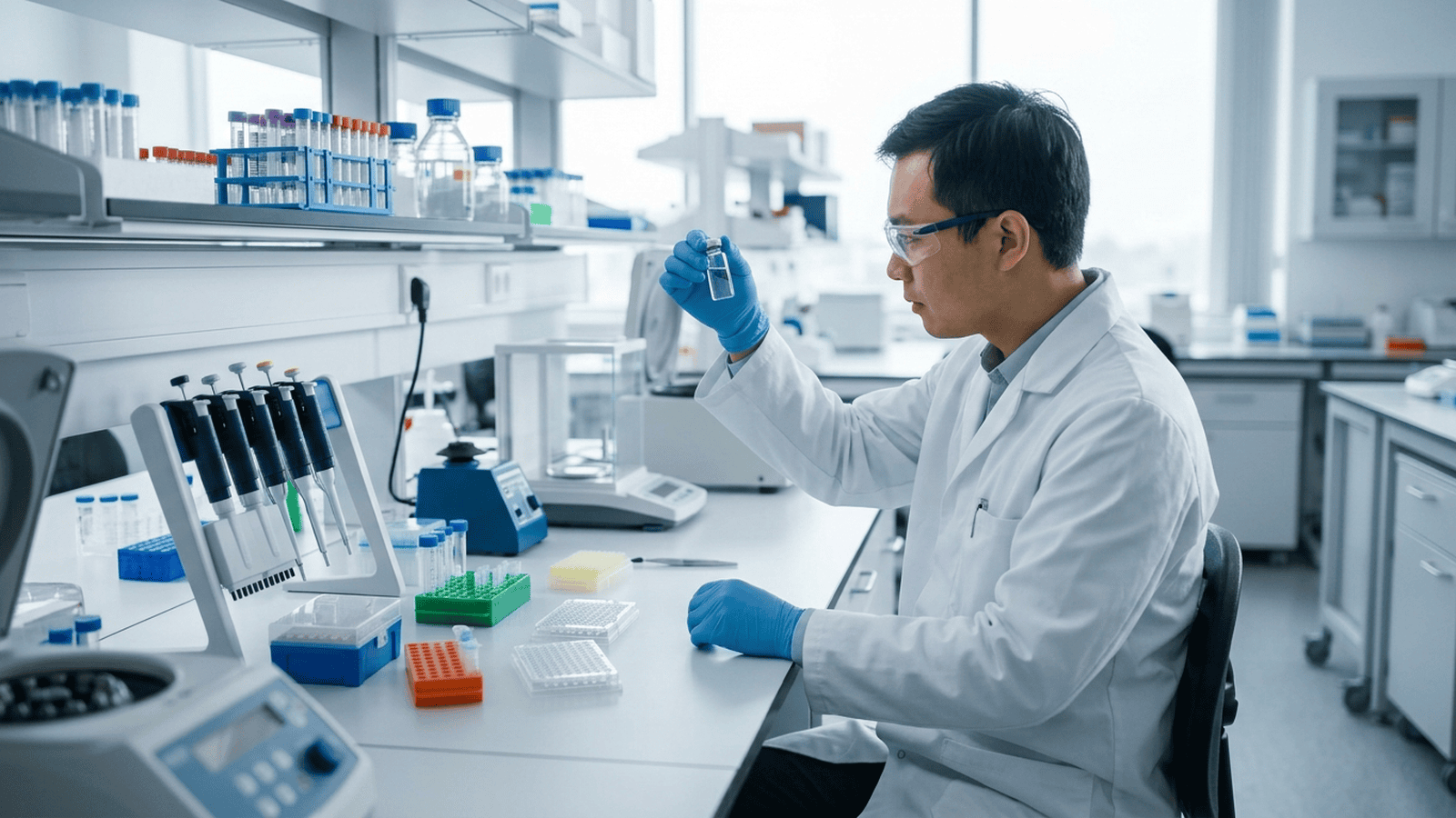 A scientist examines a vial in a modern pharmaceutical research laboratory.