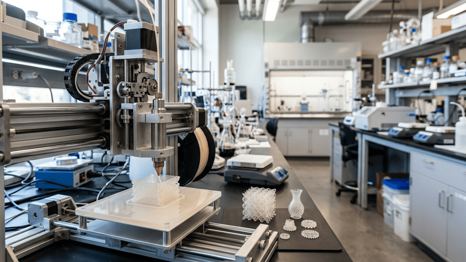 A precision nozzle deposits layers of silica-based ink during a laboratory glass-printing experiment.