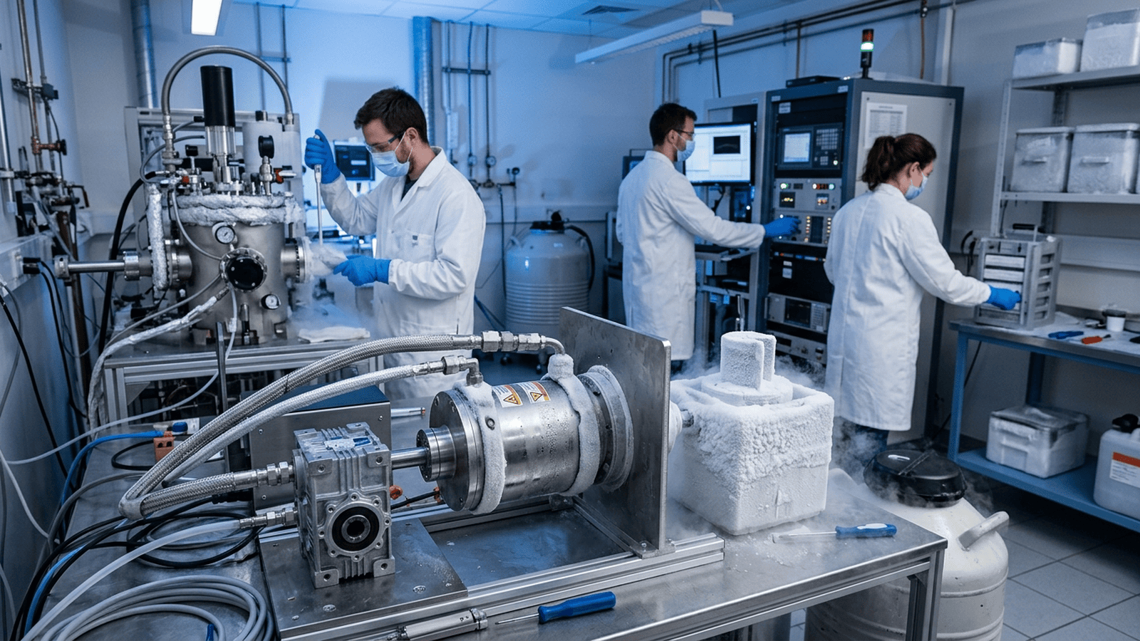 A cryogenic milling vessel and a frost-covered sample holder in a materials science laboratory.