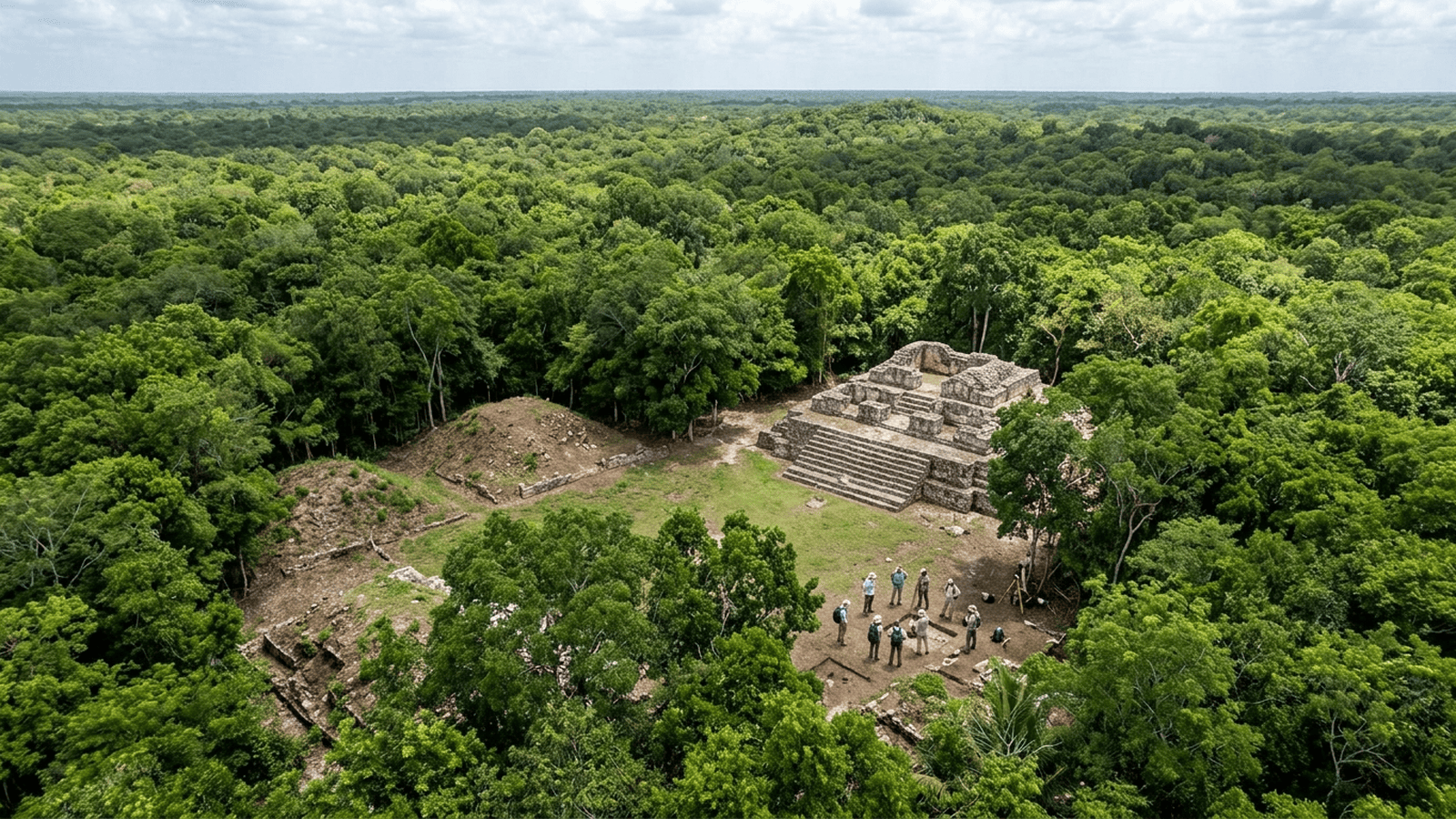 A Maya pyramid and open plaza emerge from dense forest in Campeche as researchers survey the site.