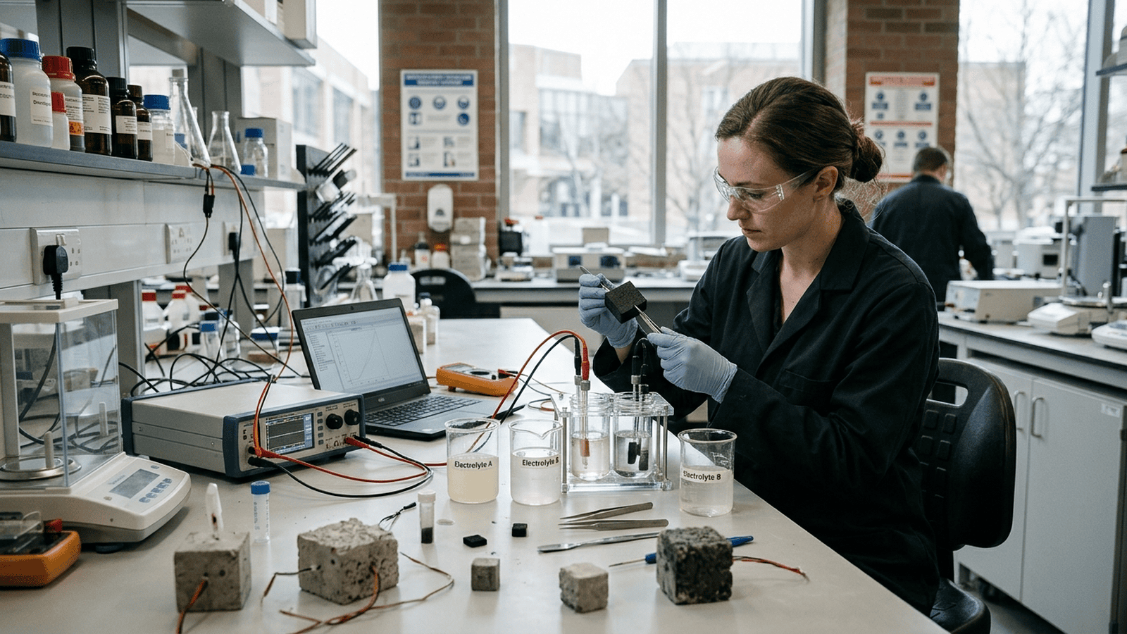 A researcher tests a small cement-based energy-storage device on a laboratory workbench.