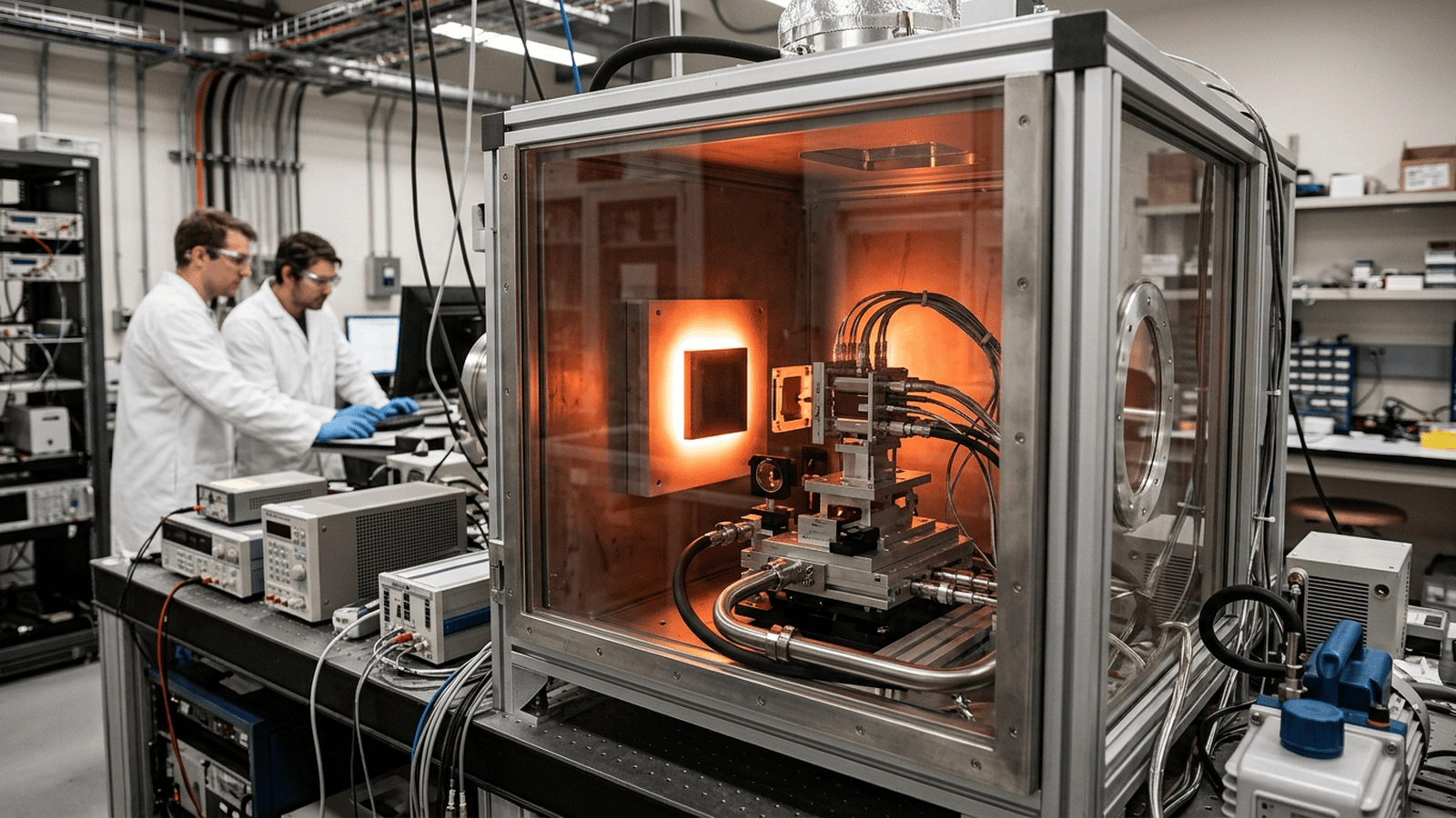 A thermophotovoltaic test cell faces a glowing high-temperature emitter in a laboratory.