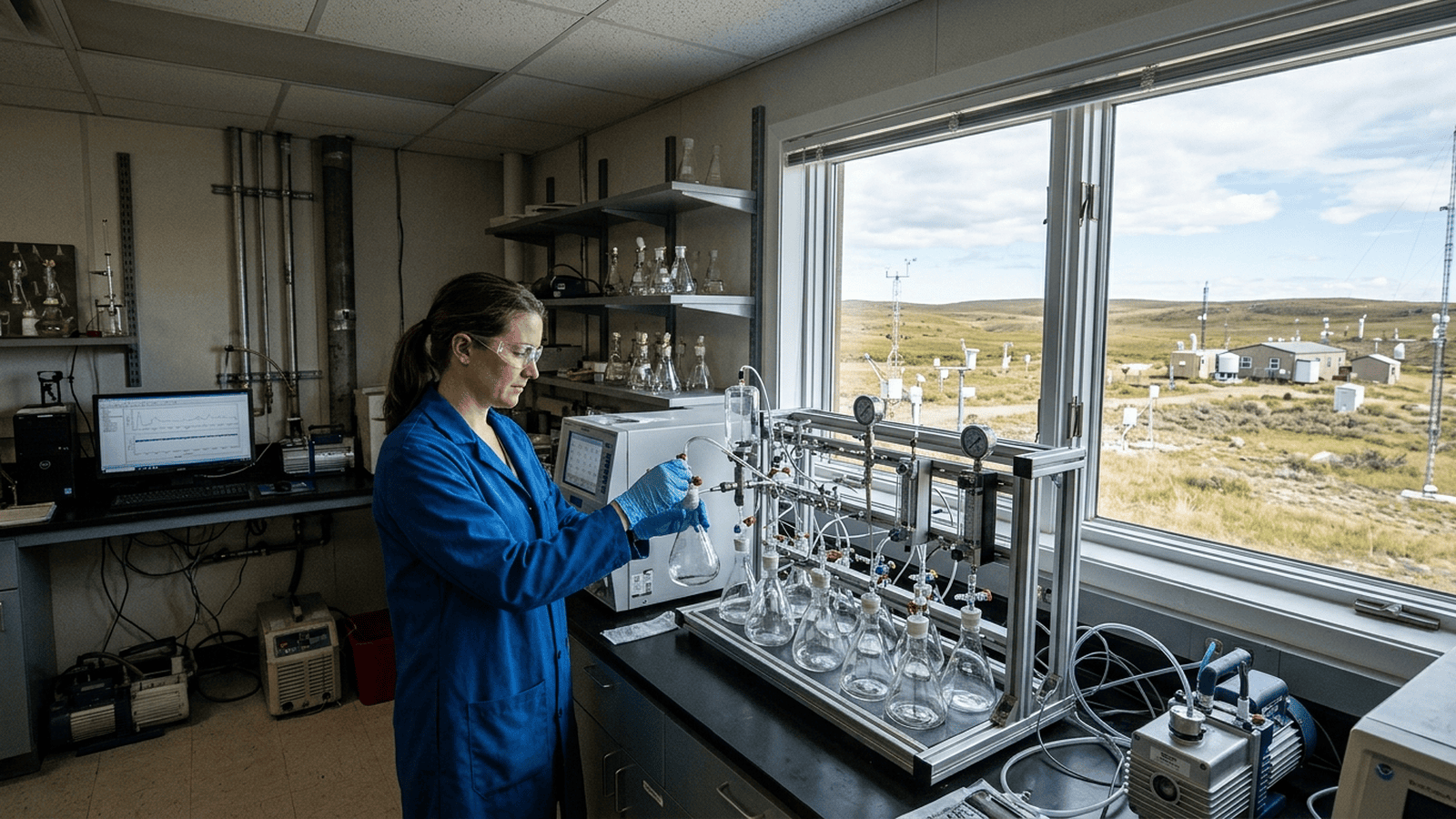 A scientist checks atmospheric air-sampling equipment inside a government climate research laboratory.