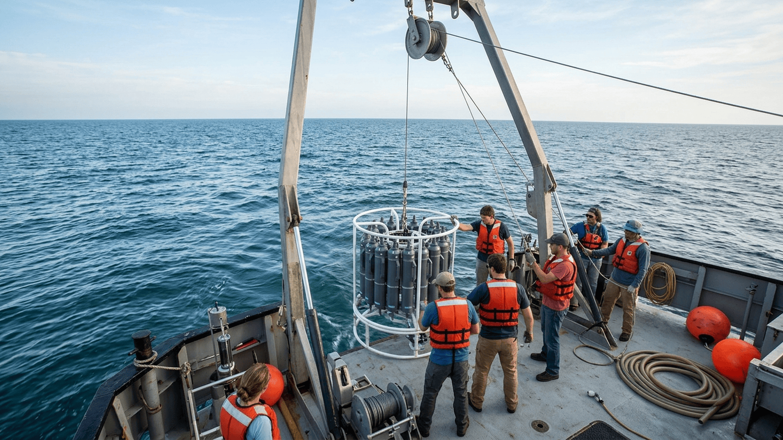 Researchers aboard a vessel lower water-sampling equipment into the Gulf of Mexico.