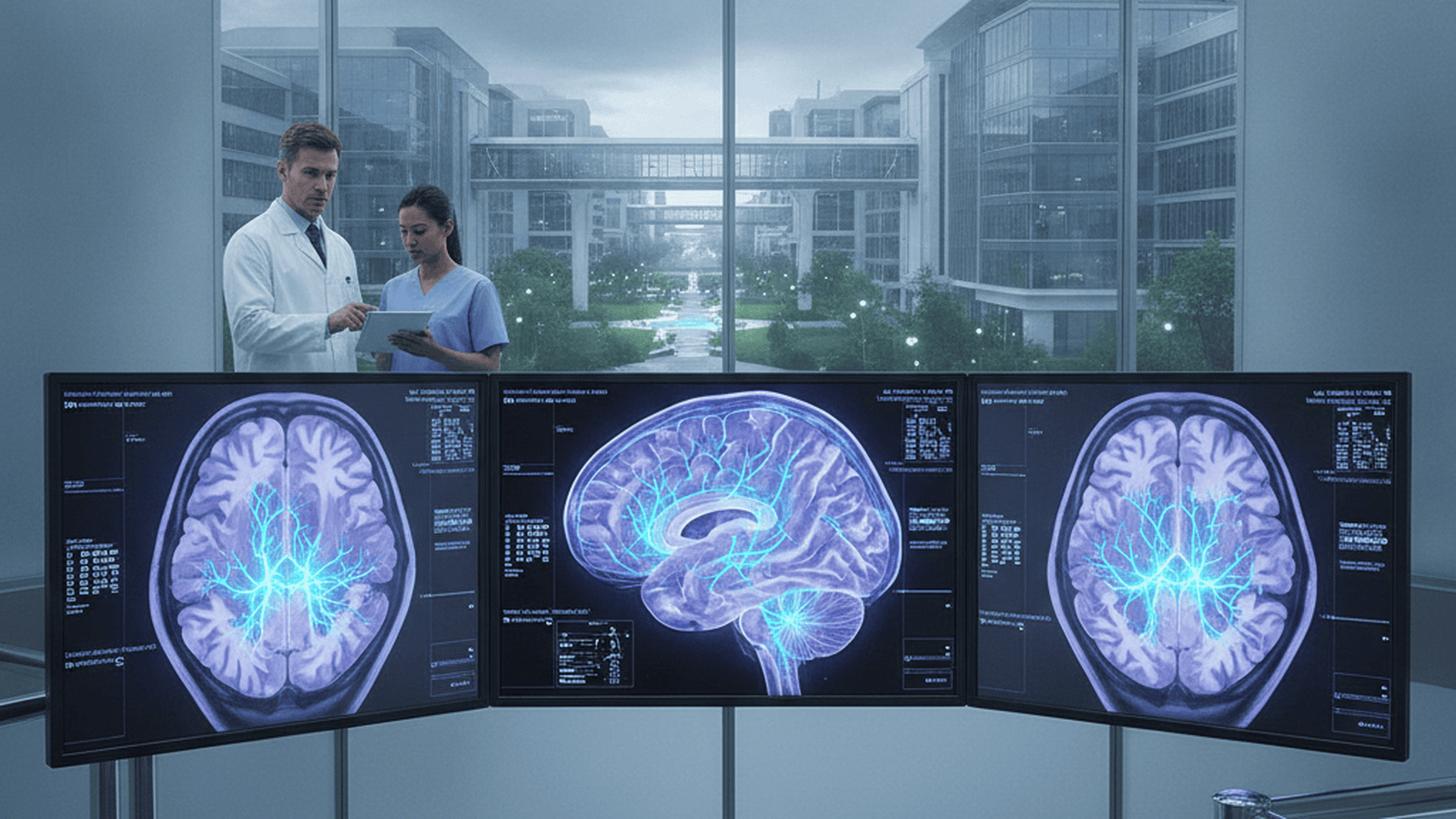 A clinical neuroimaging suite showing detailed MRI scans of a human brain with highlighted fluid channels.