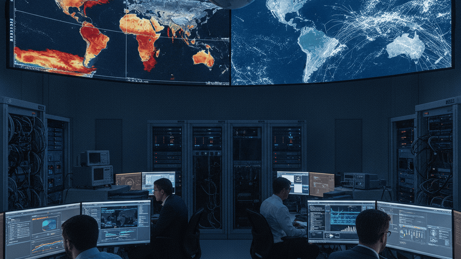 Scientists in a laboratory analyze global temperature data and satellite imagery of cloud formations over the ocean.