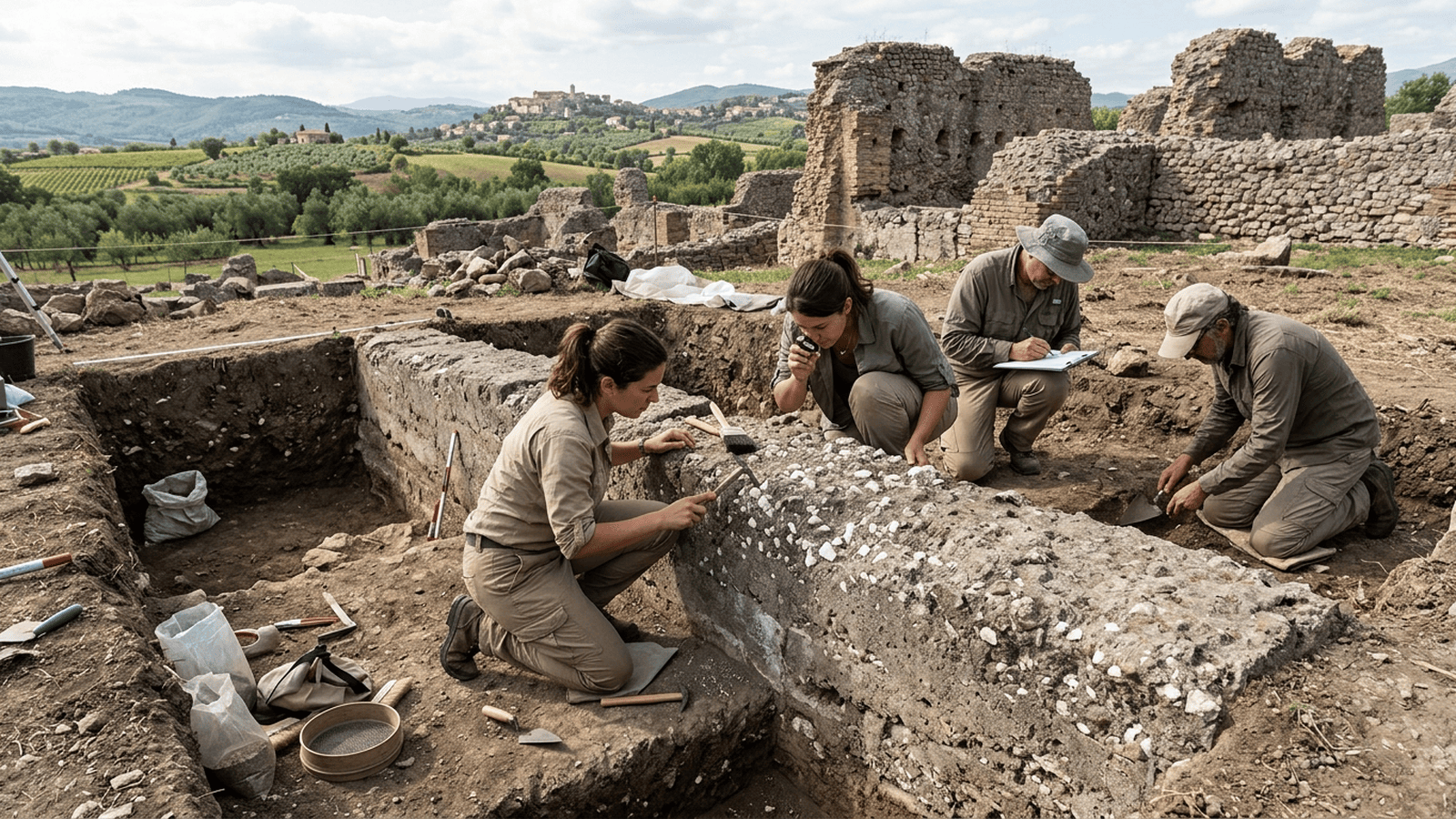 Researchers examine an ancient Roman concrete wall at an excavation site in Italy.