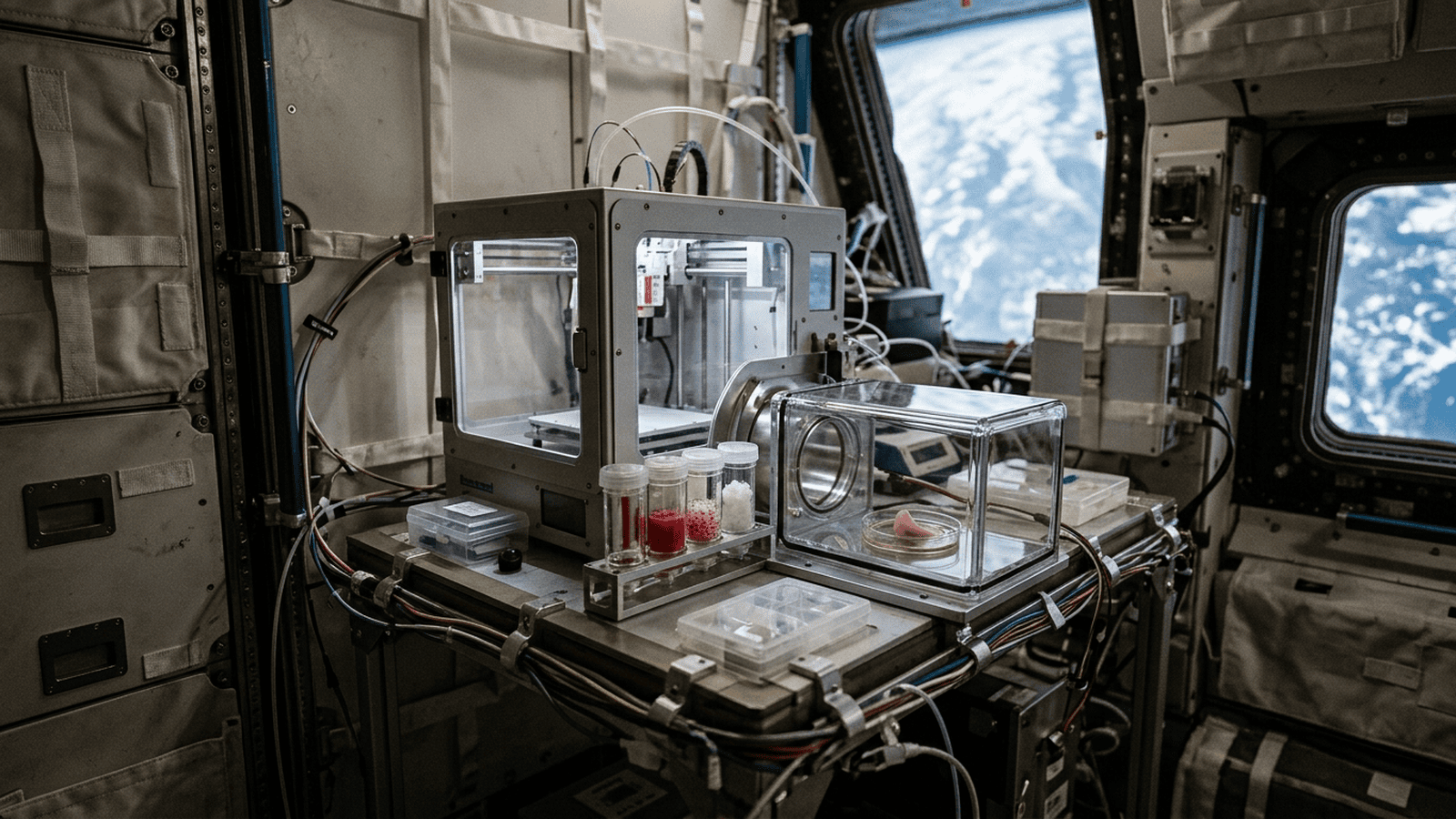 A compact bioprinter and sample cartridges sit secured inside a space station research module.