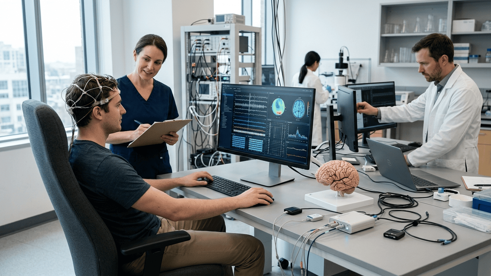 science-synchron-stentrode-paralysis-brain-computer-interface-6b2d05cf A participant uses a computer during a brain-computer interface research session in a clinical laboratory.