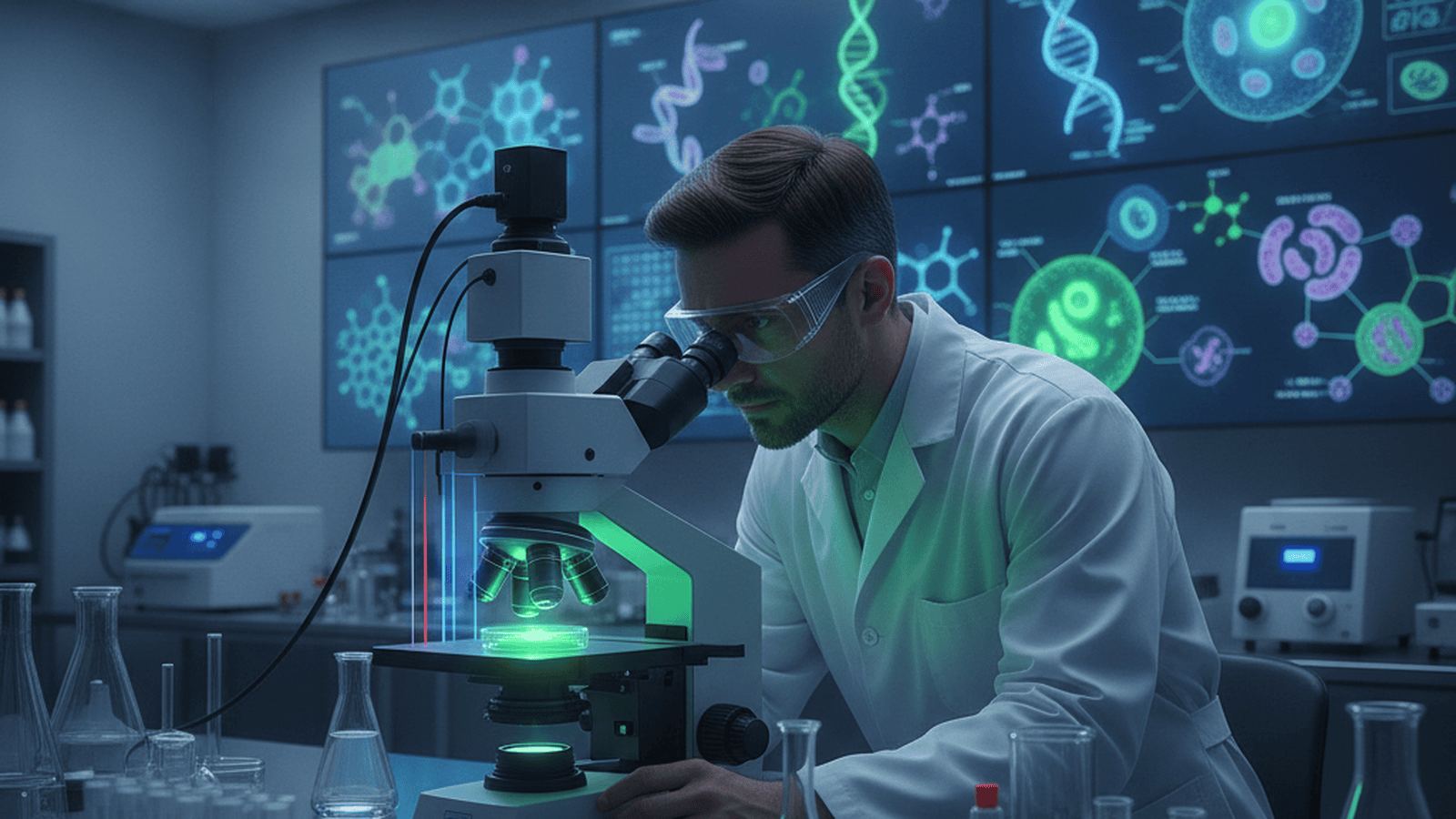 A scientist operates a high-resolution microscope in a modern laboratory to study marine algae.