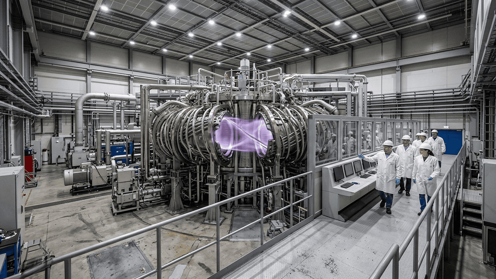 A stellarator fusion vessel sits inside a research hall with a faint violet glow visible in its chamber.