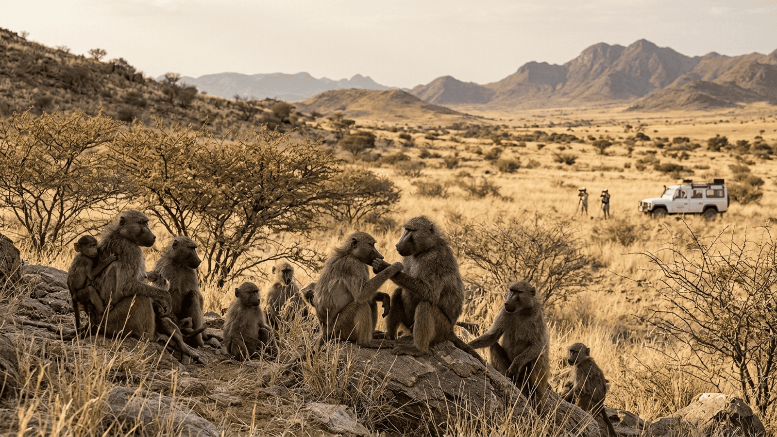 Chacma baboons groom and sit together in the Namibian savanna.